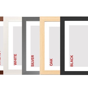 May include: A selection of picture frames in walnut, white, silver, oak, and black. Each frame has a white mount and is labelled with its colour name in red text. The frames are shown against a white background.
