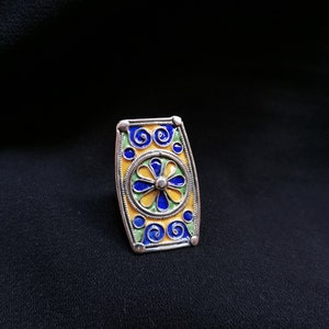 Moroccan Talismanic Berber Silver Enamel Ring size 8, tribal jewelry, Silver, Ethnic Jewelry, Tribal Jewelry, Enamel Silver Ring