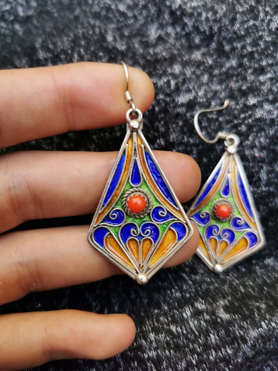 Handmade Tribal Earrings, Colorful Artisan Enamel Silver Earrings, Unique Boho Jewelry Beaded Earrings, Berber Jewelry, Colorful Earrings
