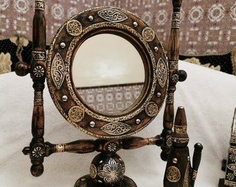 Handcarved Arch Mirror - Exquisite Table-Top Decorative Mirror with Ornamental Berber Pattern , Artisan Crafted Elegance, Unique Home Decor