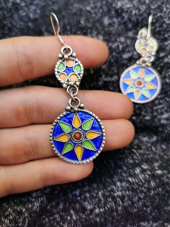 Moroccan Berber Sterling Silver enamels Dangle Ea… - image 7
