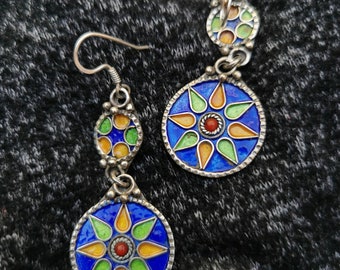 Moroccan Berber Sterling Silver enamels Dangle Earrings ,Berber Jewelry,sliver Earrings,Dangle & Drop Earrings