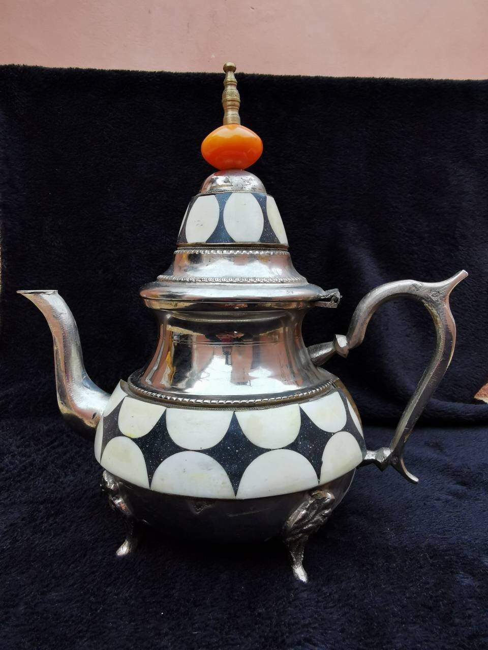 Moroccan Brass & Bones Teapot, Morocco , Art Decor Tuareg Teapot Antique Old Berber Teapot