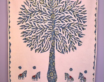 Wall tapestry - tree of life - patchwork - blockprint on cotton - 95 x 150cm - baby pink background color