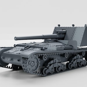 May include: A gray model tank with a long barrel and detailed track wheels. The tank has a boxy turret and is set against a plain background. The model appears to be a replica of a military vehicle.
