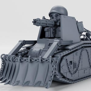 Könnte beinhalten: Graues Modell eines Panzers mit schädelartigem Turm und Mehrfachlaufkanone. Der Panzer hat ein Frontschild, Kettendetails und eine Fahrerfigur. Die Ketten und das Design deuten auf ein kriegsthemenbezogenes Modell hin.