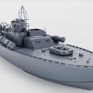 Puede incluir: Modelo gris de un barco militar con detalles como mástil, cañones y salvavidas. El barco tiene un casco aerodinámico, diseñado para la velocidad y la maniobrabilidad. El modelo es una representación detallada de un buque de guerra.
