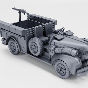 May include: A gray model of a vintage military truck with a machine gun mounted on top. The truck has large tires, a detailed front grill, and side-mounted exhaust pipes. The vehicle is a detailed replica.