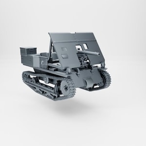 May include: A gray model of a tracked self-propelled artillery gun with a raised barrel and protective shields. The gun is on a white background.