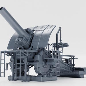 Op de afbeelding: Een gedetailleerd model van een groot artilleriekanon, uitgevoerd in grijs. Het kanon heeft een lange loop, ingewikkelde mechanische componenten en een complexe ondersteuningsstructuur. Het ontwerp suggereert een historisch of militair thema.