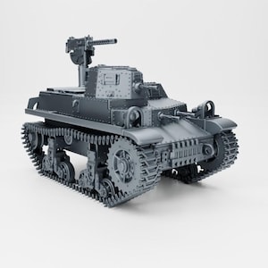 May include: A grey plastic model of a Japanese Type 94 tankette, a small armoured fighting vehicle used by the Imperial Japanese Army during World War II. The model features a machine gun mounted on the turret and detailed tracks.