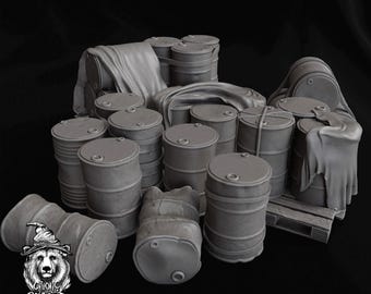 Wargaming Terrain Set of barrels and props  | 3D Printed Miniatures in 1:56 Scale