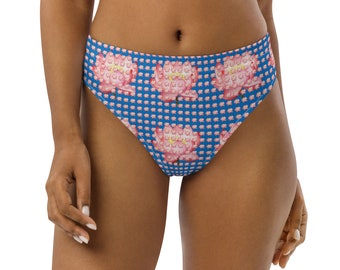 Blaue Jai Radhe Lotus Recycelte Bikinihose mit hoher Taille | Hare Krishna