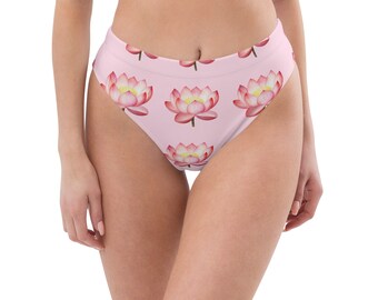 Rosa Jai Radhe Lotus Recycelte Bikinihose mit hoher Taille | Hare Krishna