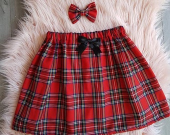 Girls Handmade Red Tartan Check Skirt And Hair Bow Ages 0-14 Years Christmas