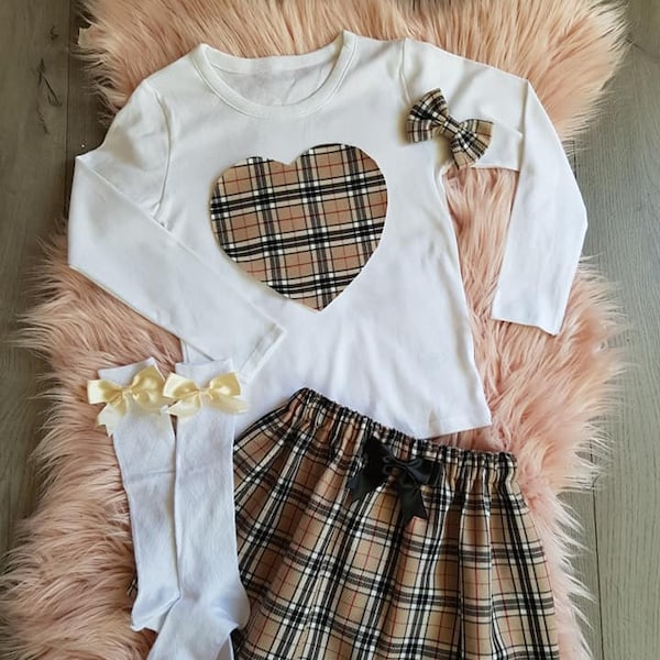 Girls Handmade Beige Tartan Check Skirt Top Knee High Socks Hair Bow Ages 0-14 Years Christmas