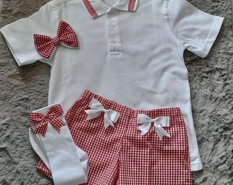 Handmade gingham check school girls outfit set shorts polo shirt hair bow socks ages 2-16