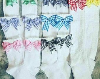 Girls Knee High Or Ankle White School Socks With Gigham Bows Size 0-2.5 3-5.5 6-8.5 9-12 12-3.5 4-5