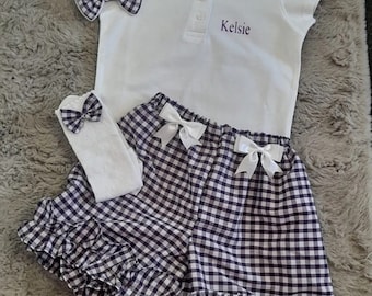 Handmade personalised gingham check school girls outfit set shorts polo shirt hair bow socks ages 2-16