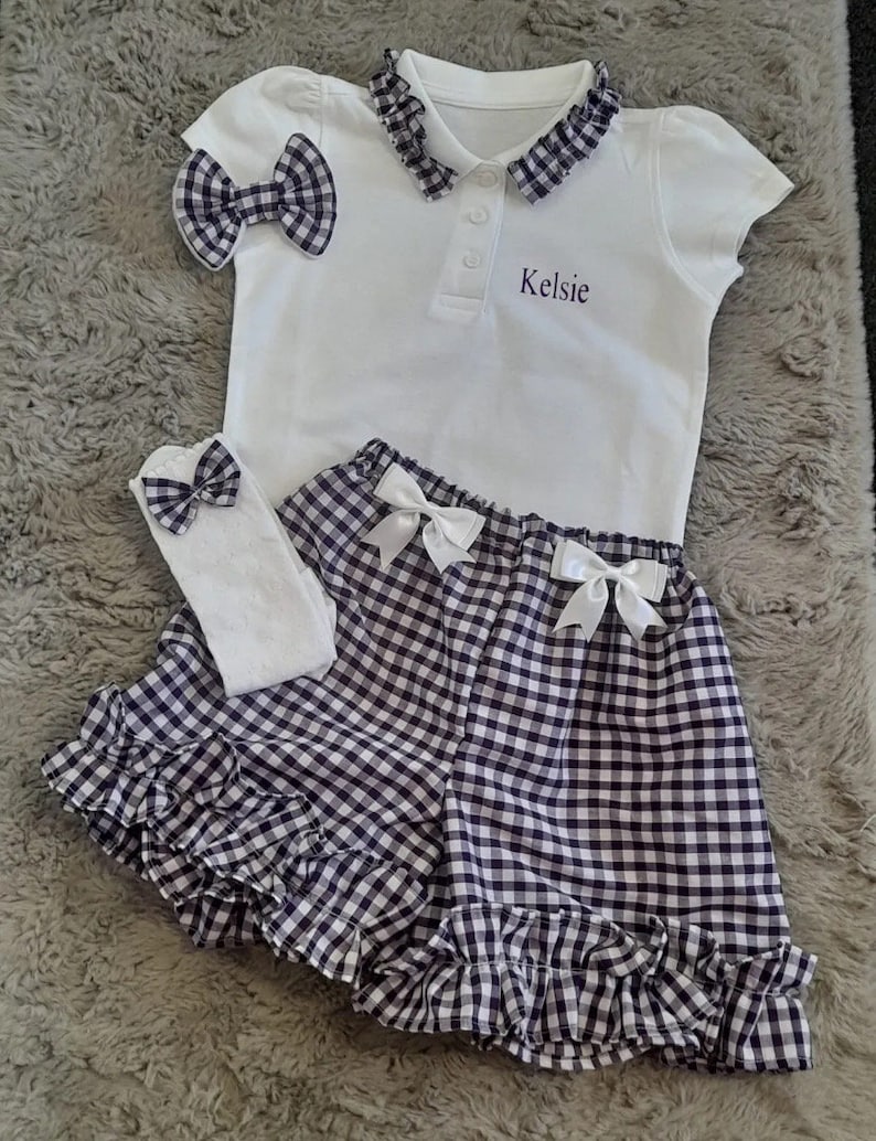 Handmade personalised gingham check school girls outfit set shorts polo shirt hair bow socks ages 2-16 image 1