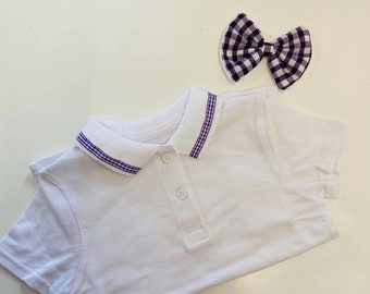 Girls White School Polo Shirt With Gingham Ribbon Collar Detail & Hair Clip Age 2-15