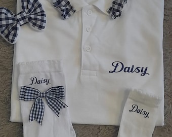 Girls Personalised White School Polo Shirt With Gingham Ribbon Collar Detail Hair Clip & x2 Socks Age 2-15