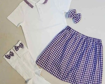 Girls Handmade Purple Gingham School Outfit Skirt Polo Shirt Knee High Socks Hair Bow Outfit Ages 0-14 Years