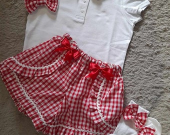 Handmade gingham check school girls outfit set shorts polo shirt hair bow socks ages 2-16