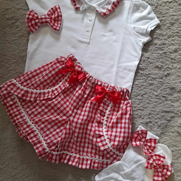 Handmade gingham check school girls outfit set shorts polo shirt hair bow socks ages 2-16