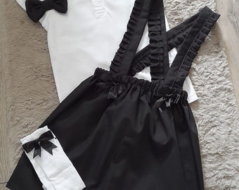Handmade black school girls outfit set skirt polo shirt hair bow socks ages 2-16