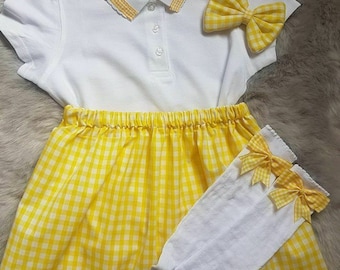 Girls Handmade Yellow Gingham School Outfit Skirt Polo Shirt Knee High Socks Hair Bow Outfit Ages 0-14 Years