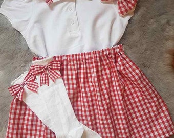 Girls Handmade Red Gingham School Outfit Skirt Polo Shirt Knee High Socks Hair Bow Outfit Ages 0-14 Years