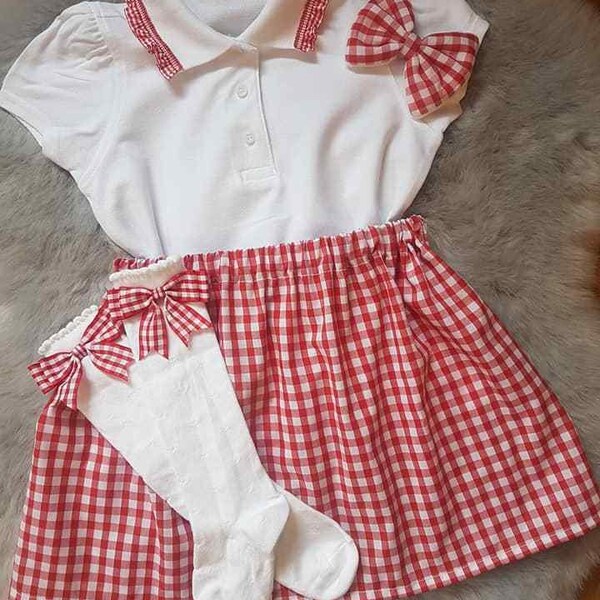 Filles Faites main Rouge Gingham School Outfit Jupe Polo Shirt Knee High Socks Hair Bow Outfit Ages 0-14 Years