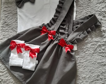 Handmade grey school girls outfit set skirt polo shirt hair bow socks ages 2-16