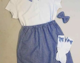 Girls Handmade Royal Blue Gingham School Outfit Skirt Polo Shirt Knee High Socks Hair Bow Outfit Ages 0-14 Years