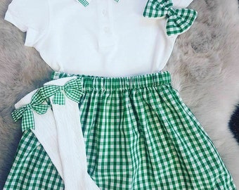 Girls Handmade Green Gingham School Outfit Skirt Polo Shirt Knee High Socks Hair Bow Outfit Ages 0-14 Years