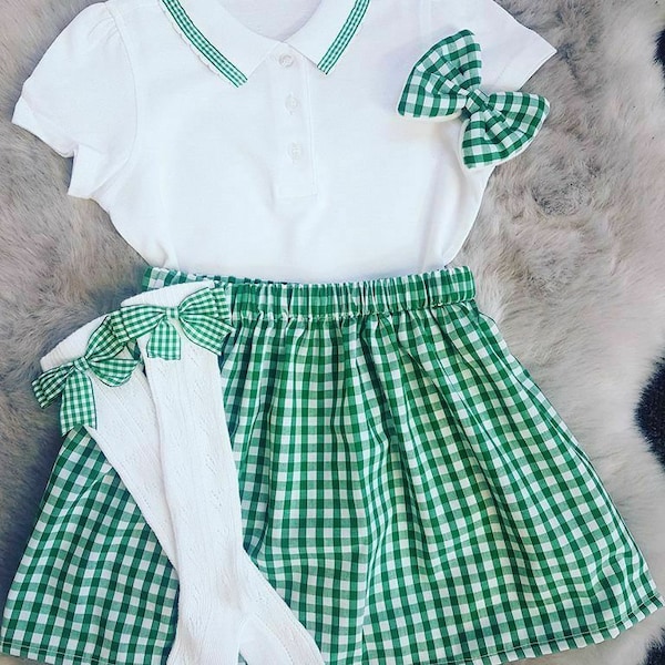 Girls Handmade Green Gingham School Outfit Skirt Polo Shirt Knee High Socks Hair Bow Outfit Ages 0-14 Years