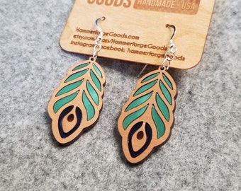 Peacock/Peafowl Feather Earrings | Sterling Silver Hooks | Wood w/ Colored Acrylic Inlay