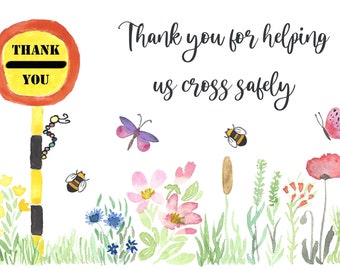 Lollipop Man or Lollipop Lady thank you card. With or without cute wooden bee & ladybird. Thanks school crossing road safely.