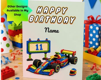 Personalised Race Car Birthday Card, Racing Car Birthday Card, Custom Name & Age Card, LEGO Style Kids Birthday Card