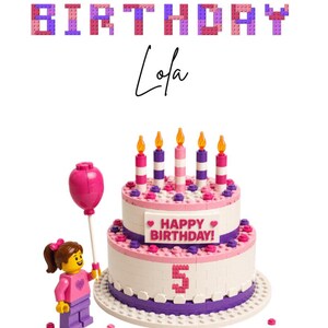May include: A birthday-themed image featuring a two-tiered cake with candles, a Lego figure holding a balloon, and the text "HAPPY BIRTHDAY Lola". The cake is white, pink, and purple, with a number 5 on the front. Scattered confetti.