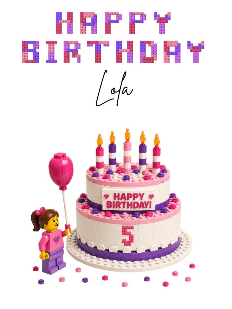 May include: A birthday-themed image featuring a two-tiered cake with candles, a Lego figure holding a balloon, and the text "HAPPY BIRTHDAY Lola". The cake is white, pink, and purple, with a number 5 on the front. Scattered confetti.