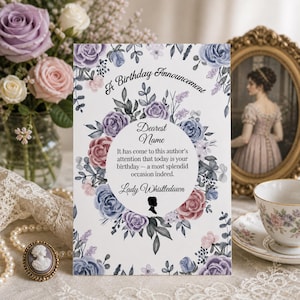 May include: A birthday announcement card with a vintage aesthetic. The card features floral illustrations and text that reads "A Birthday Announcement" and "Dearest Name". The card is decorated with roses in shades of purple, blue, and pink.