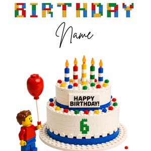 May include: A birthday card design with a two-tiered cake constructed from white blocks, adorned with blue and yellow details, and candles. A Lego figure holds a red balloon. The words "HAPPY BIRTHDAY" are spelled out in colourful blocks.