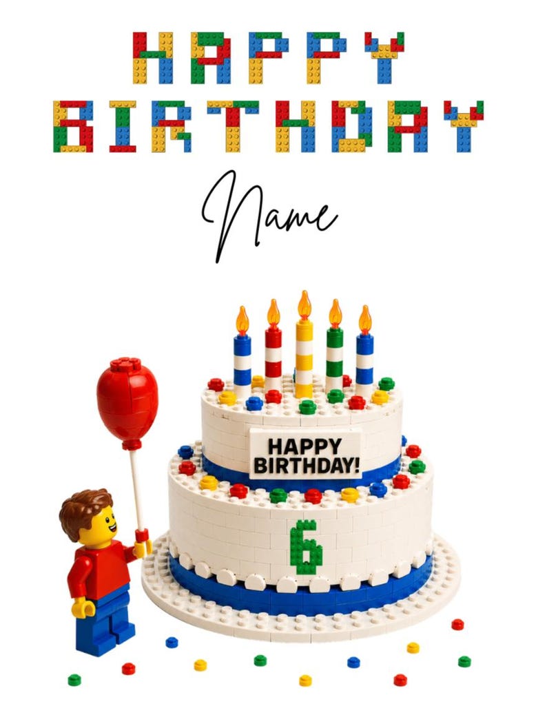 May include: A birthday card design with a two-tiered cake constructed from white blocks, adorned with blue and yellow details, and candles. A Lego figure holds a red balloon. The words "HAPPY BIRTHDAY" are spelled out in colourful blocks.