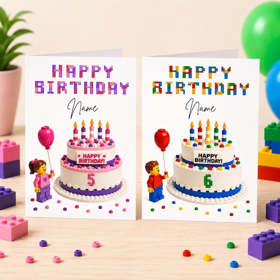 Personalised Lego inspired Building Blocks Birthday Card With Name and Age, Custom Building Bricks Style Kids Birthday Card for Boys & Girls