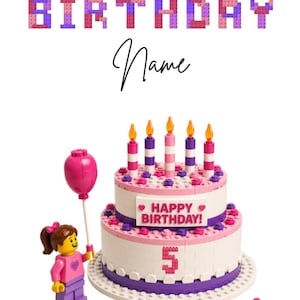 May include: A birthday card with a cake made of colourful blocks, candles, and a figure holding a balloon. The words "HAPPY BIRTHDAY" are spelled out in block letters above the cake. The number 5 is also visible.