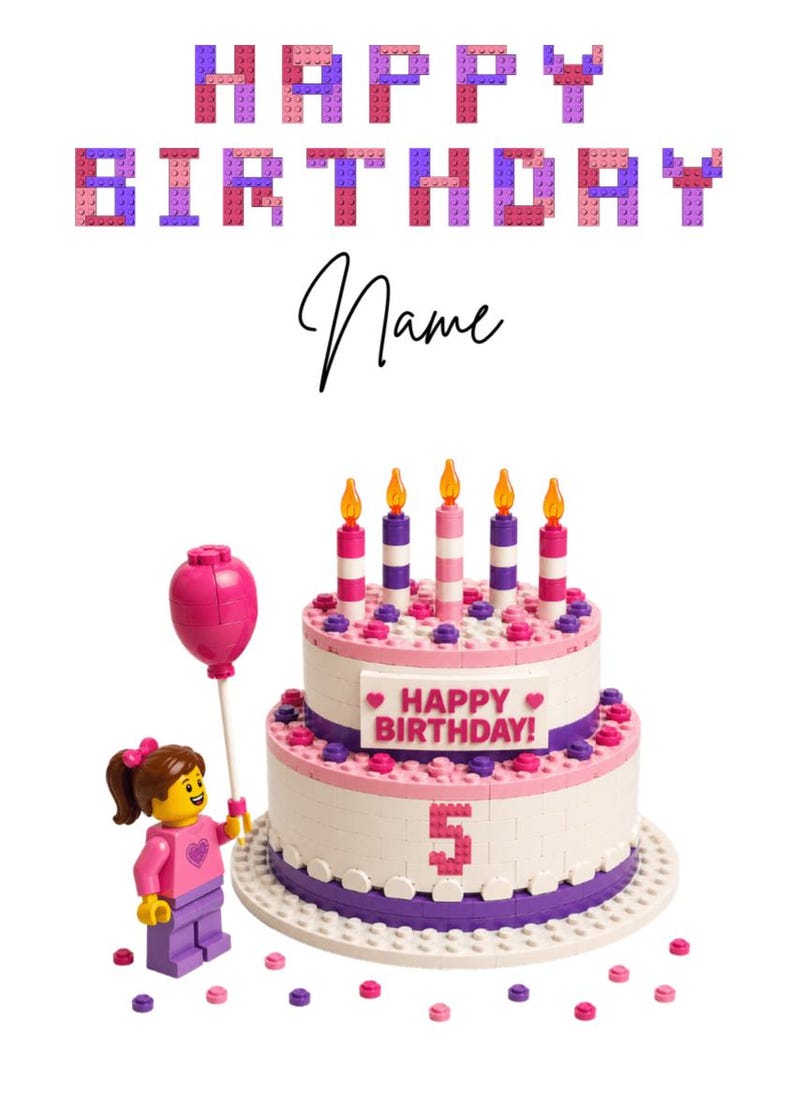 May include: A birthday card with a cake made of colourful blocks, candles, and a figure holding a balloon. The words "HAPPY BIRTHDAY" are spelled out in block letters above the cake. The number 5 is also visible.