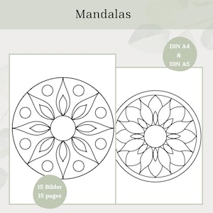Puede incluir: Dos diseños de mandalas en blanco y negro sobre papel blanco. La imagen incluye el texto "Mandalas", "DIN A4 & DIN A5", "15 Bilder 15 pages". Los mandalas son circulares con patrones intrincados.