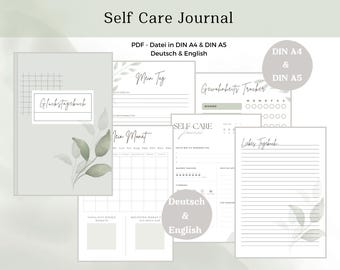 Könnte beinhalten: Ein druckbares Selbstpflege-Tagebuch auf Deutsch und Englisch. Das Tagebuch enthält Seiten für tägliche Reflexionen, monatliche Ziele, Gewohnheitstracking und Dankbarkeitstagebuch. Die Seiten sind mit einem Aquarell-Blattdesign verziert.